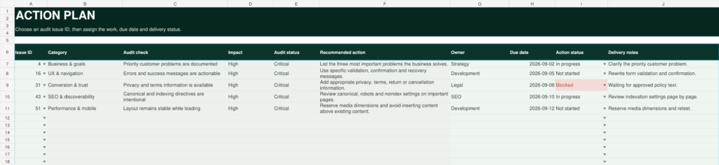 The linked action plan tracker with owners, due dates and delivery status for each finding