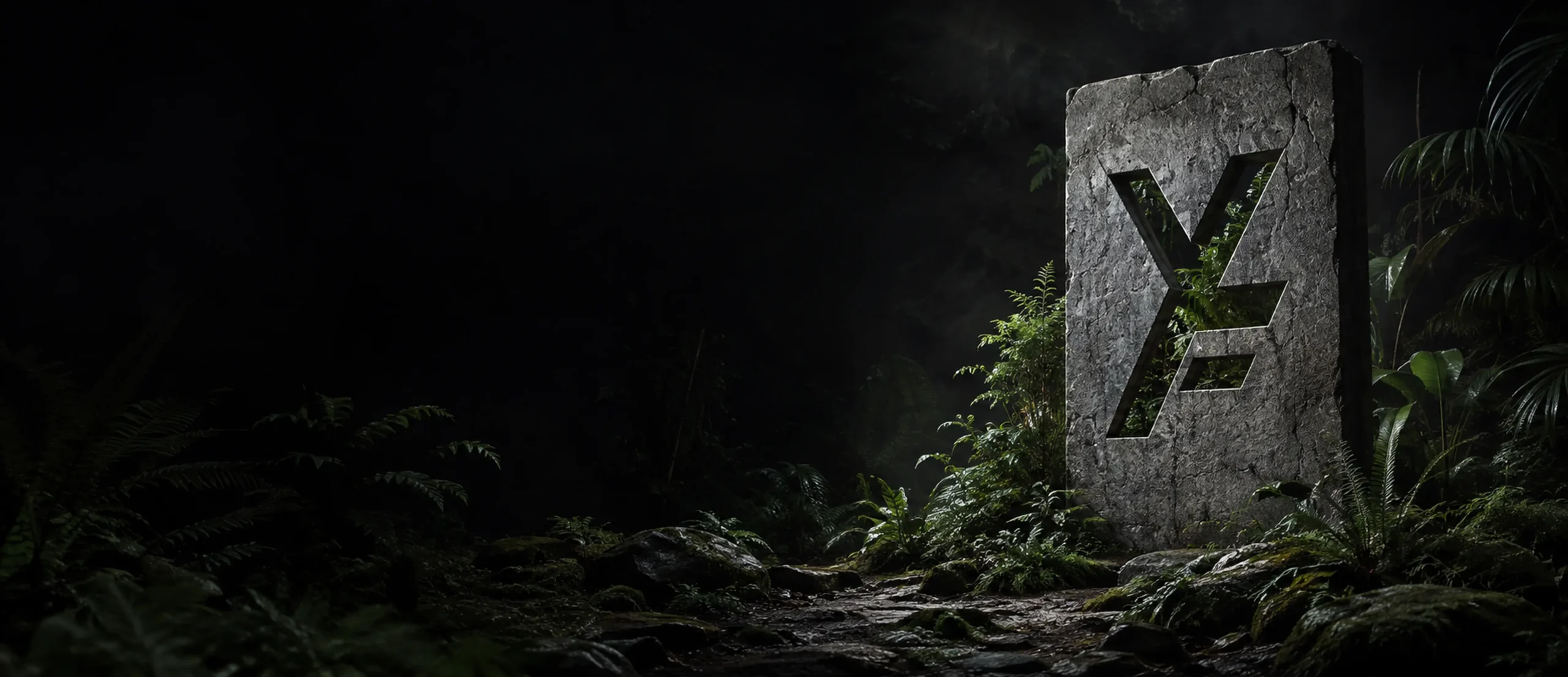 The YAZFORGE monogram carved into stone, overgrown with ferns
