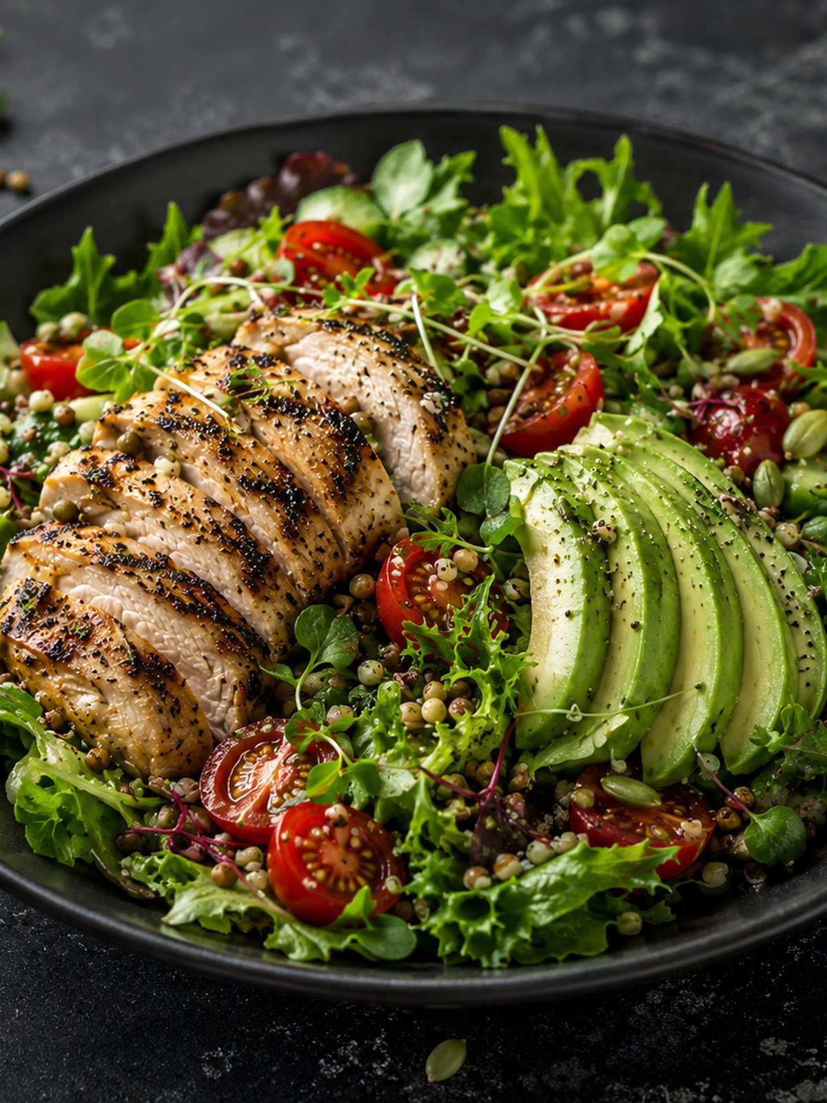 Salată cu piept de pui la grătar, avocado și legume proaspete