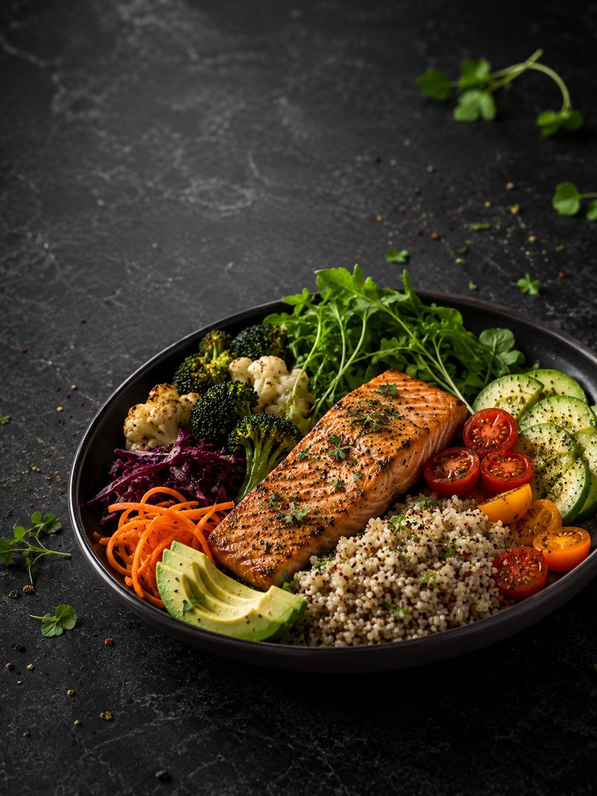 Bol echilibrat cu somon, quinoa, avocado și legume