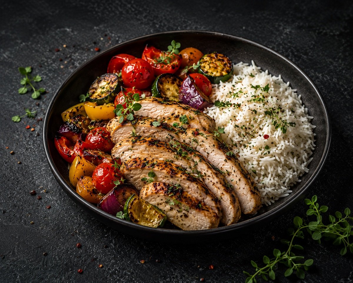 Pui mediteranean cu orez basmati și legume coapte