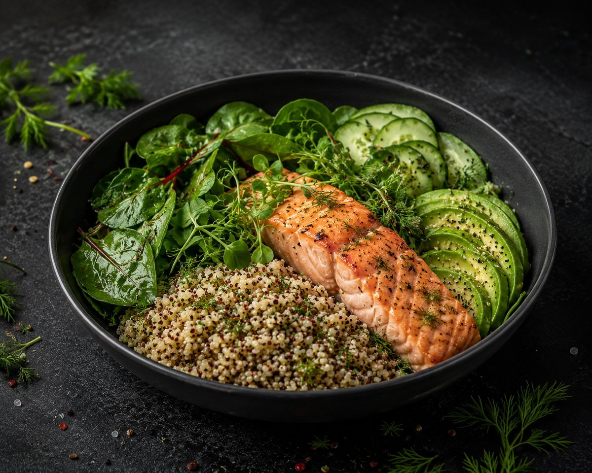 Somon cu quinoa, spanac și avocado