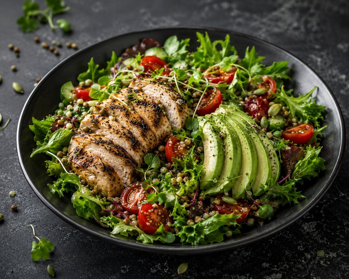 Salată cu piept de pui, avocado și legume proaspete