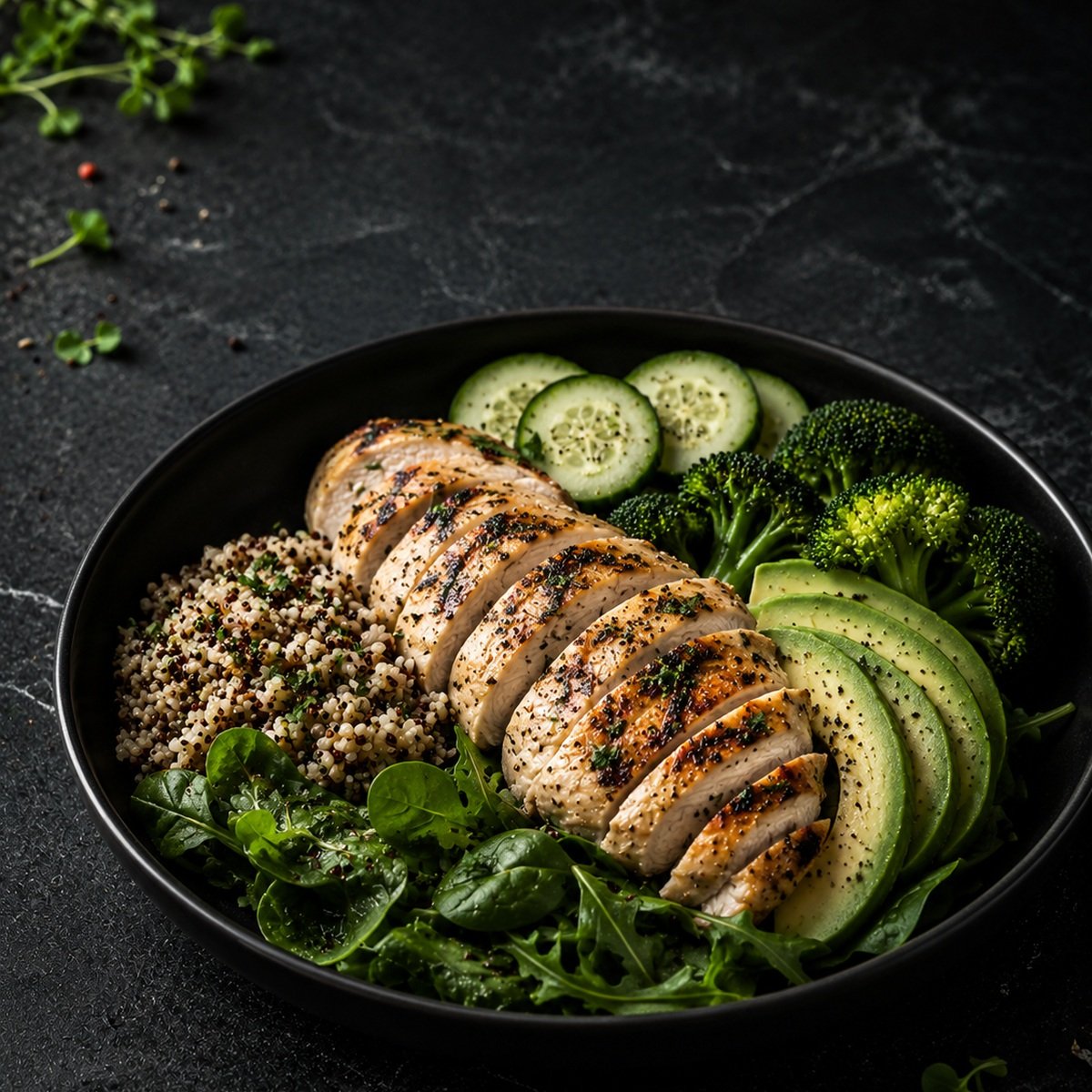 Bol KF-FIT fotografiat de sus: pui, quinoa, broccoli, avocado și castravete