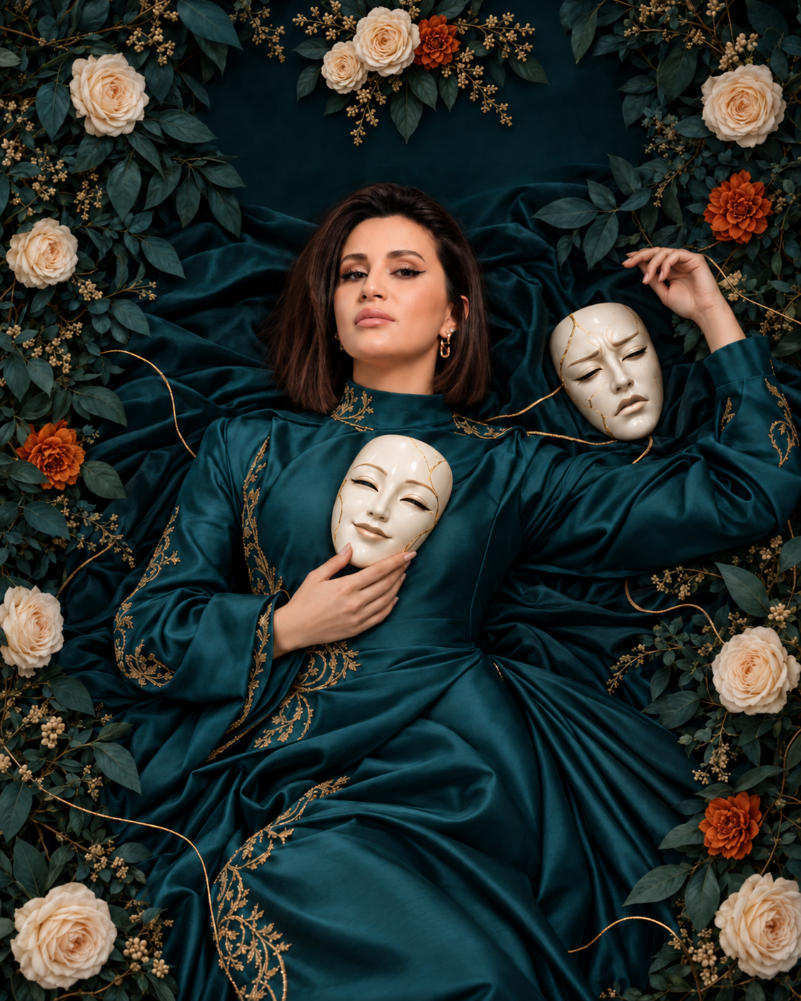 تصور إبداعي وسط أقنعة وزهور