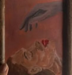 Commissioned painting of a reaching hand and a resting face