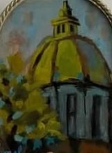 Oil painting of a domed pavilion among trees