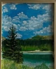 Small oil painting of a pine tree and a mountain lake
