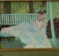 Oil painting of a woman in white on a garden bench