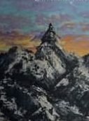 Commissioned painting of a mountain peak at sunset