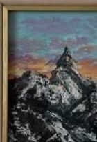 Oil painting of a mountain peak at dusk