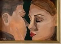 Oil painting of two faces about to kiss