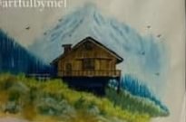 Painting of a wooden cabin below a snowy mountain