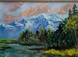 Oil painting of snowy mountains above a lake